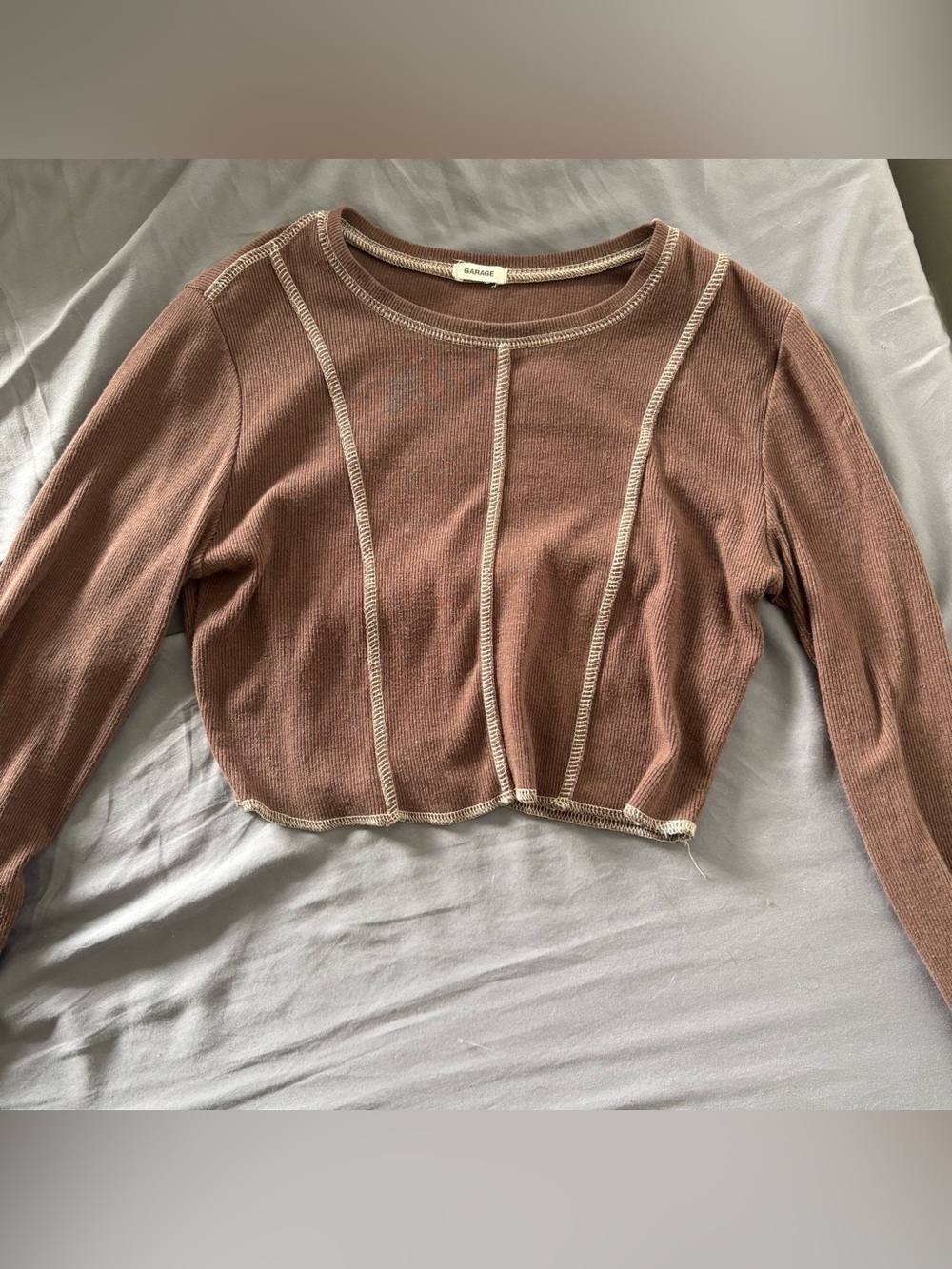 Garage brown ribbed long sleeve crop top with beige stitching